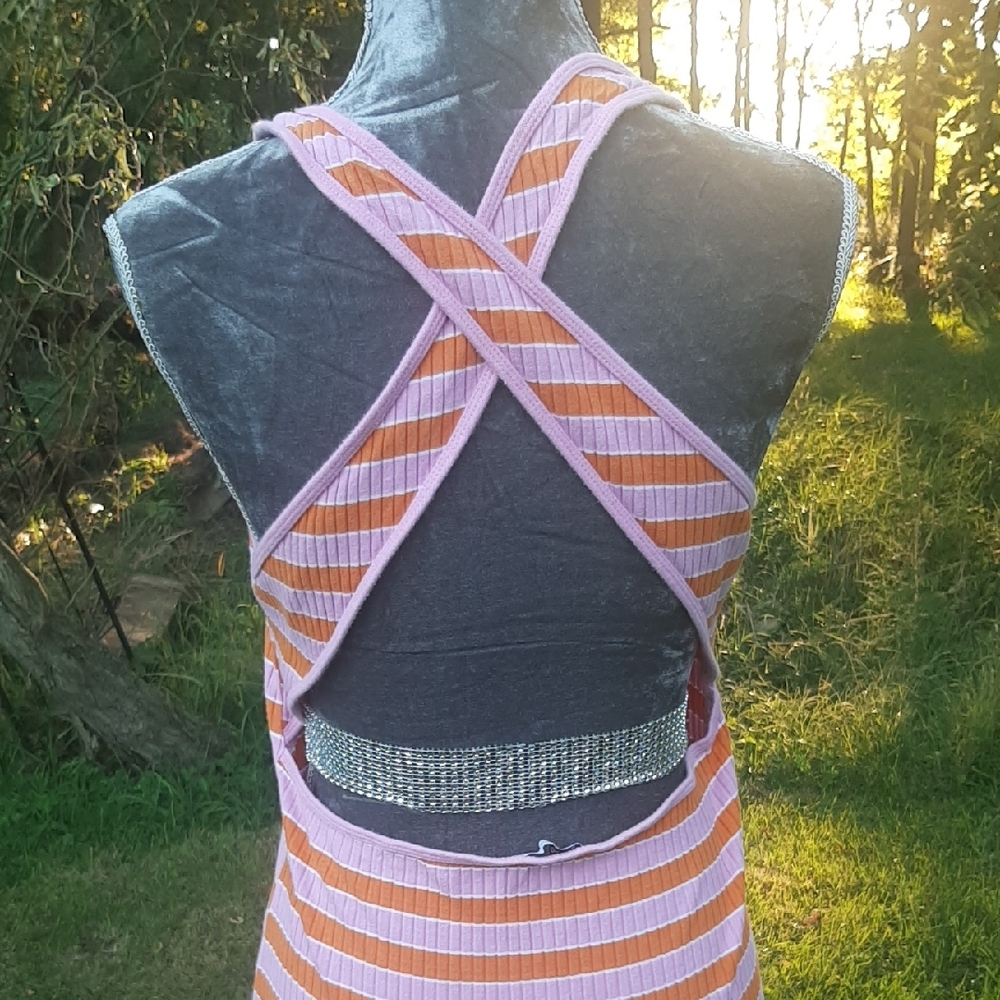 Zara💗Pink🧡OrangeBODYCON Striped COTTON Midi Dress Size M - Picture 4 of 7